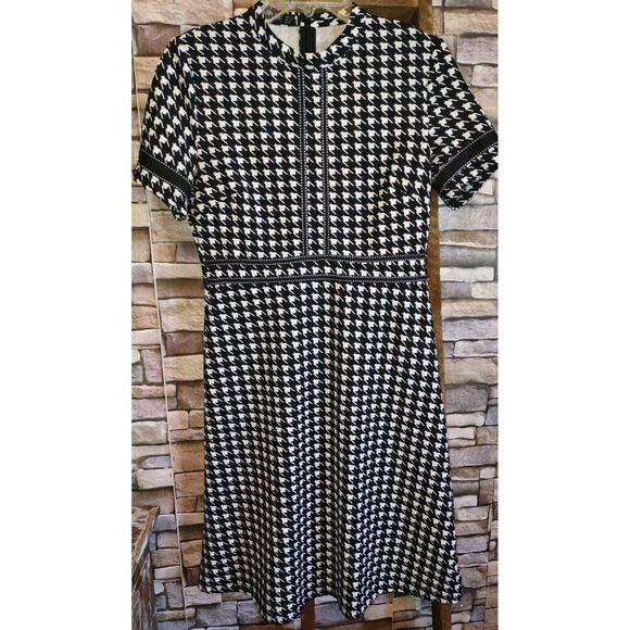 5/$25 Sz 8 Crew Neck Dress Women's Black Houndstooth Knee Length Ribbon Trim - Picture 1 of 6